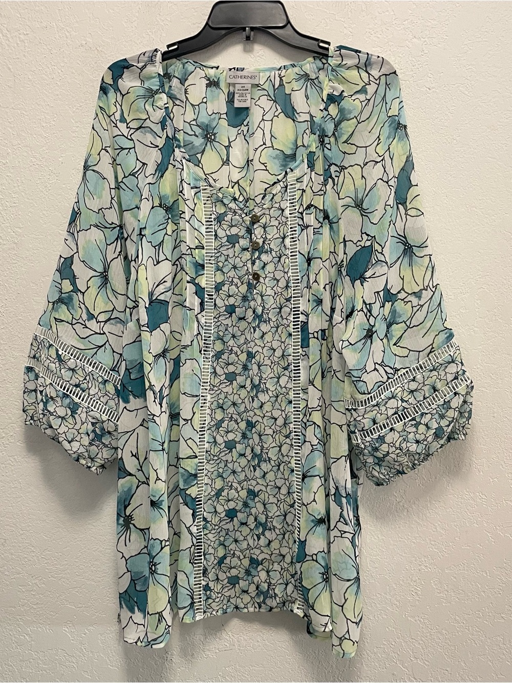 Catherines Womens 2X Blue White Floral Popover Top Sheer Lightweight 3/4 Sleeve